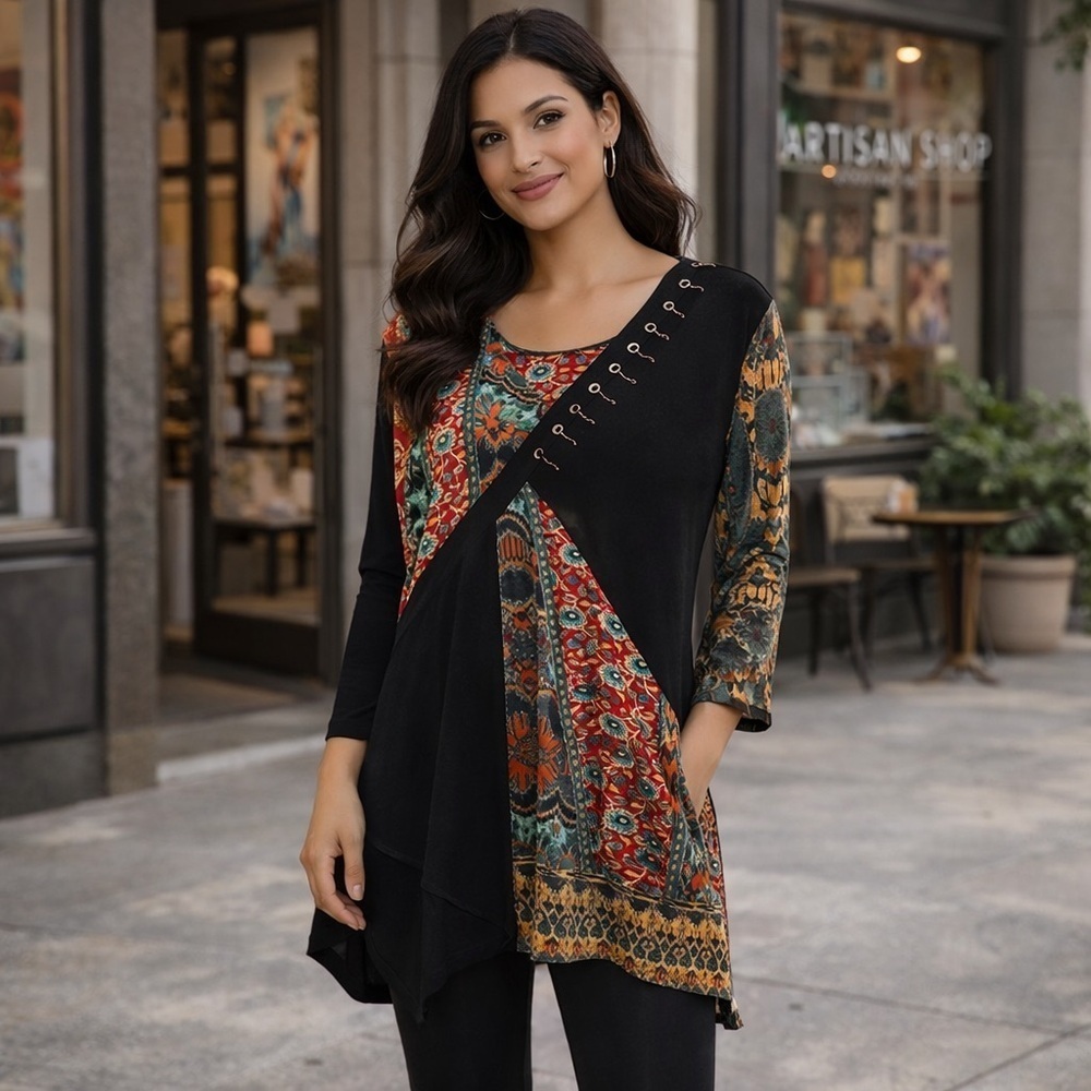 Parsley & Sage Asymmetrical Artsy Lagenlook Patchwork Textured Longline Tunic S - Picture 1 of 15
